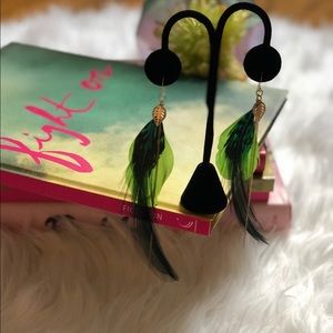 Green Feather Gold Leaf Earrings